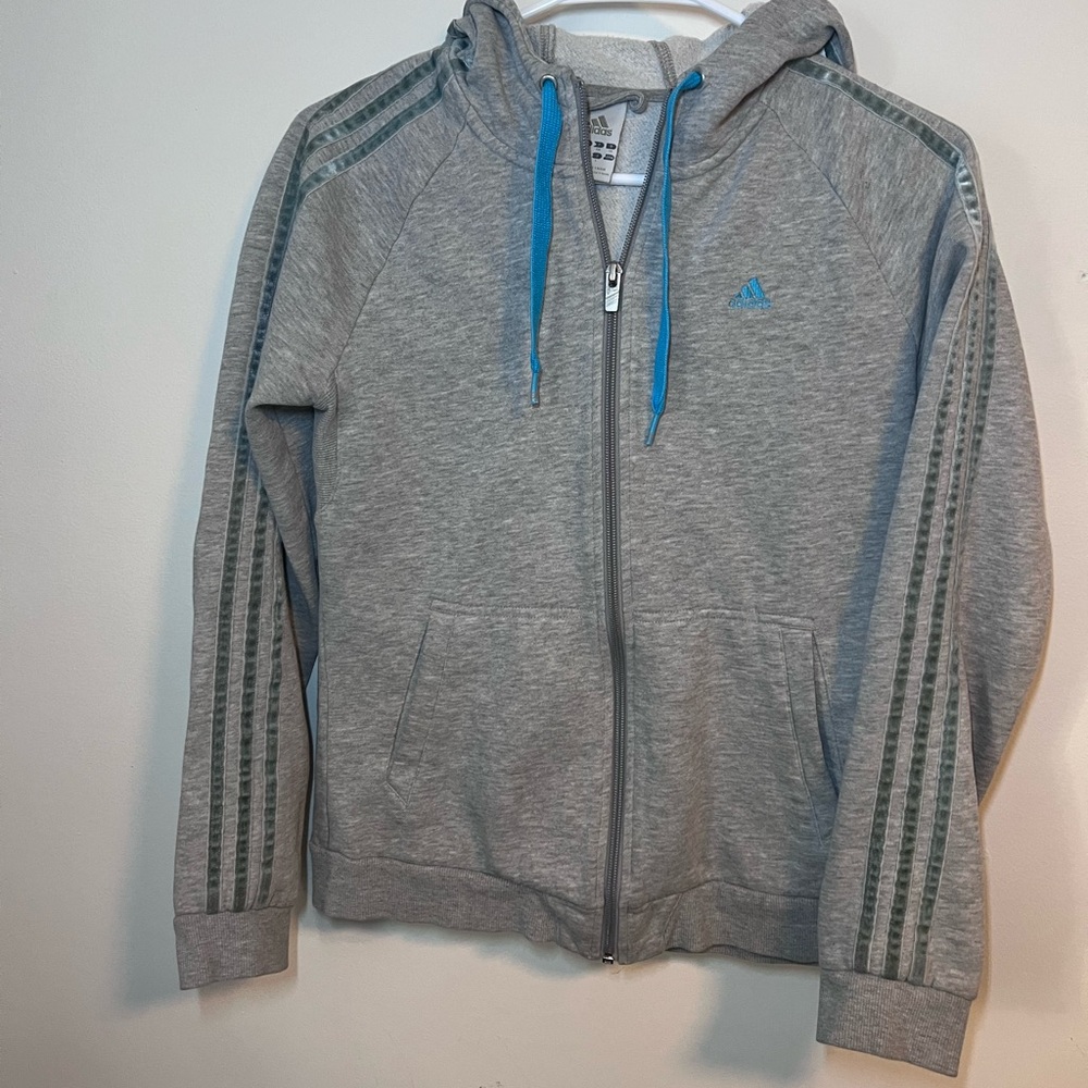 Vintage Adidas Gray Zip-Up Sweater with Blue Accents